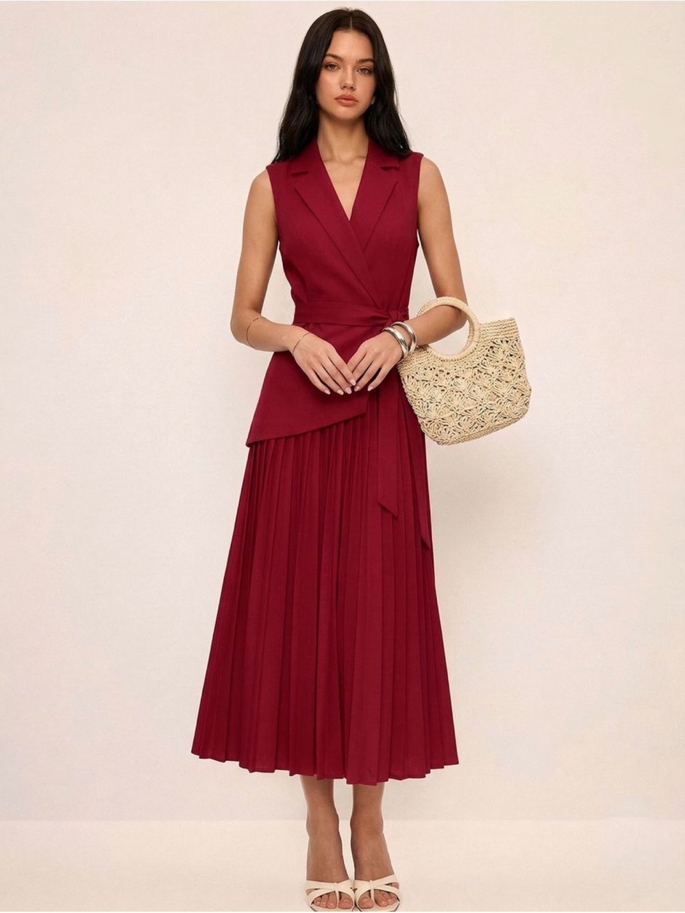 Commense Sleeveless Wrap Pleated Midi Dress - Wine Red